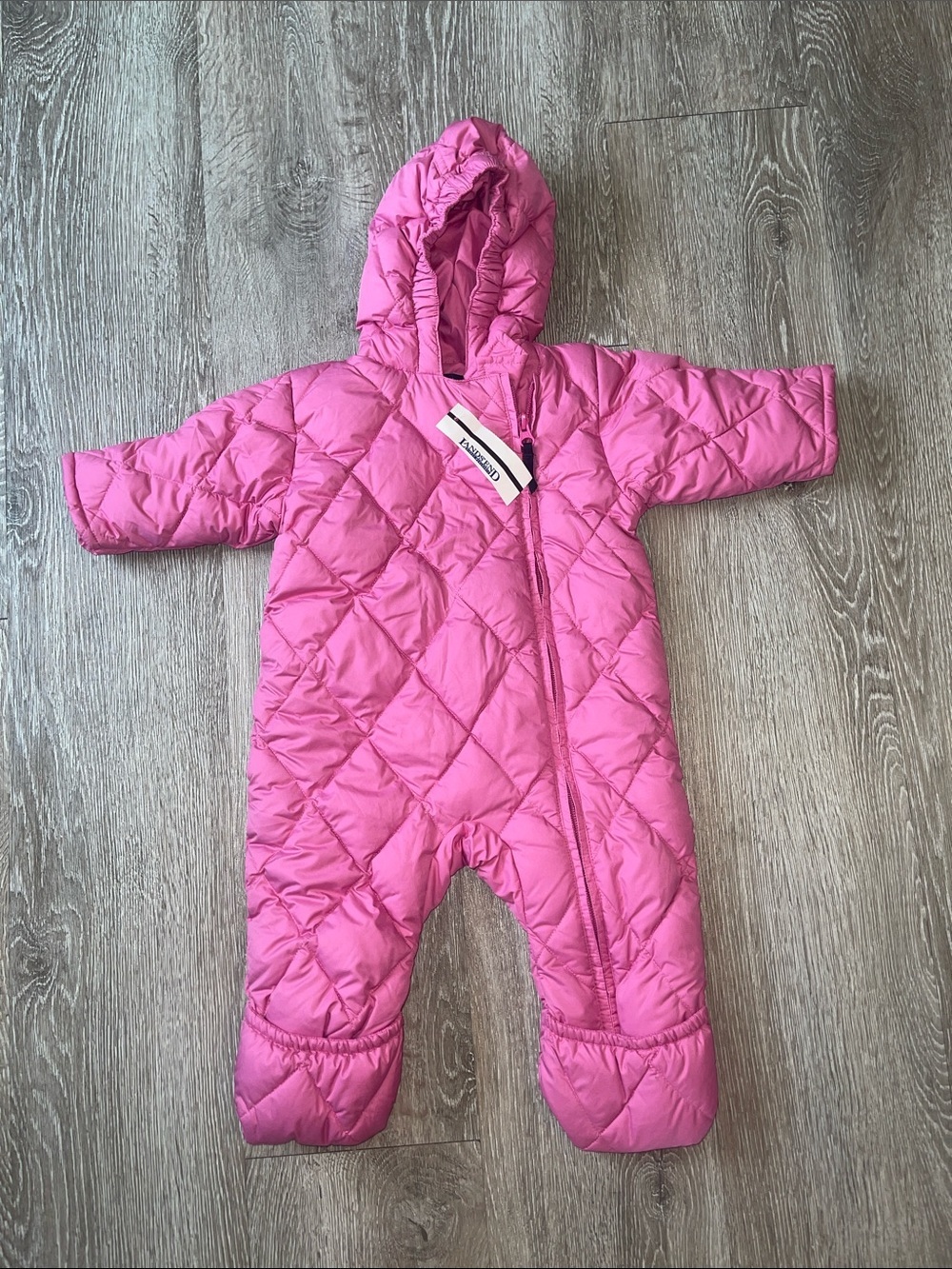 New Lands' End Baby Pink Quilted Hooded Snowsuit bunting goose down 3 months